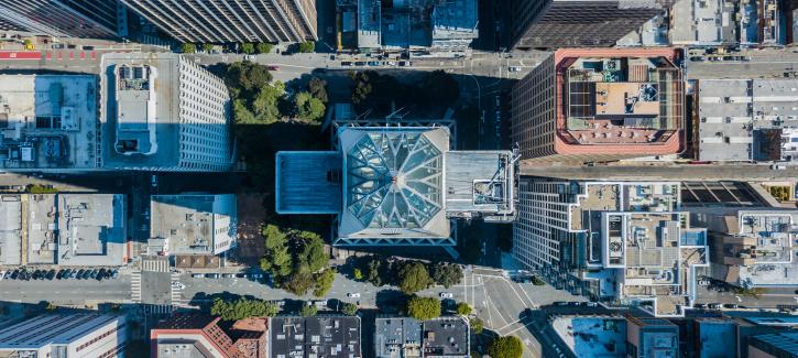 Aerial view directly above the Transamerica Pyramid in San Francisco during the daytime.
