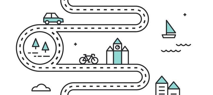 Illustrated roadmap with cars, trees, bicycle, building and sailboat.