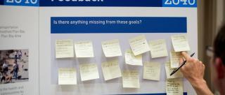 A hand sticks a post-it note to a display board. This board asks questions and residents can respond on the post-it notes.